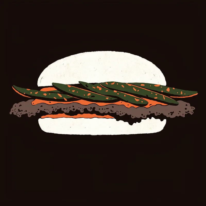 Illustration of the Hatch Pepper burger: green chiles on a smashed patty.