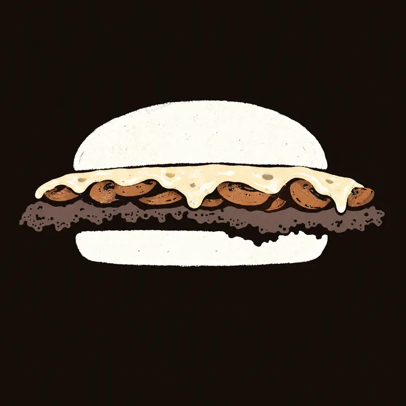 Illustration of the Mushroom Swiss burger: mushrooms under melted Swiss.