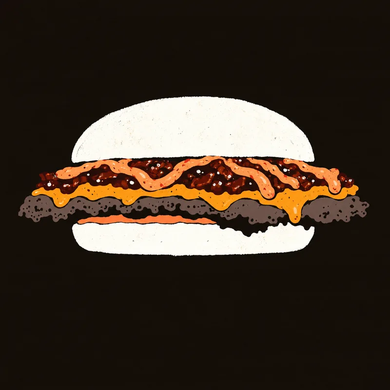 Illustration of The Dirty: cheddar, bacon jam and chipotle mayo on a smashed patty.