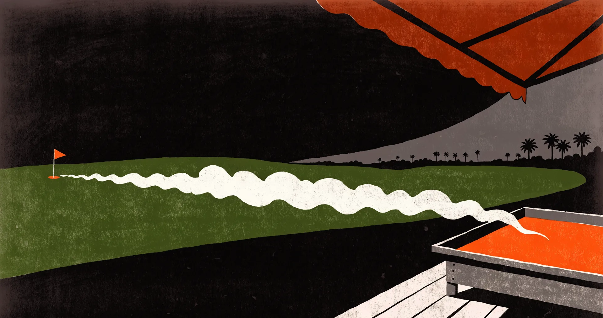 Illustration: smoke drifting off a flattop on the golf course deck, across the fairway to the pin.